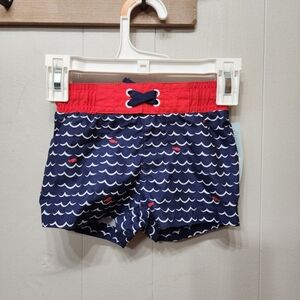 Cat & Jack Swim Trunks‎ 9 Months Navy Red Wave Pattern Shorts Baby 9 Mos C385